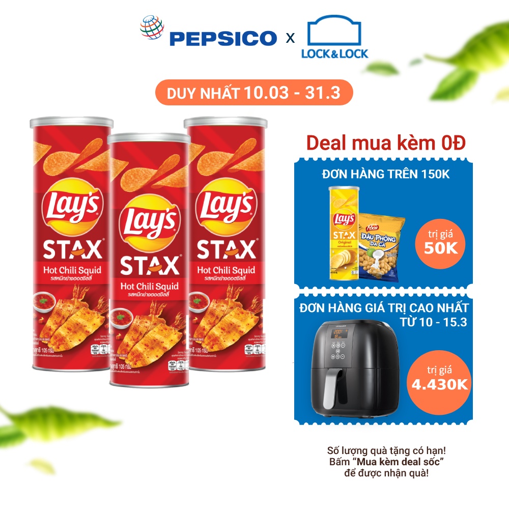 [Mã GRO1APR giảm 20K đơn 150K] Combo 3 Snack Lay's Stax Khoai Tây Nướng Vị Mực Sốt Cay hộp 105G