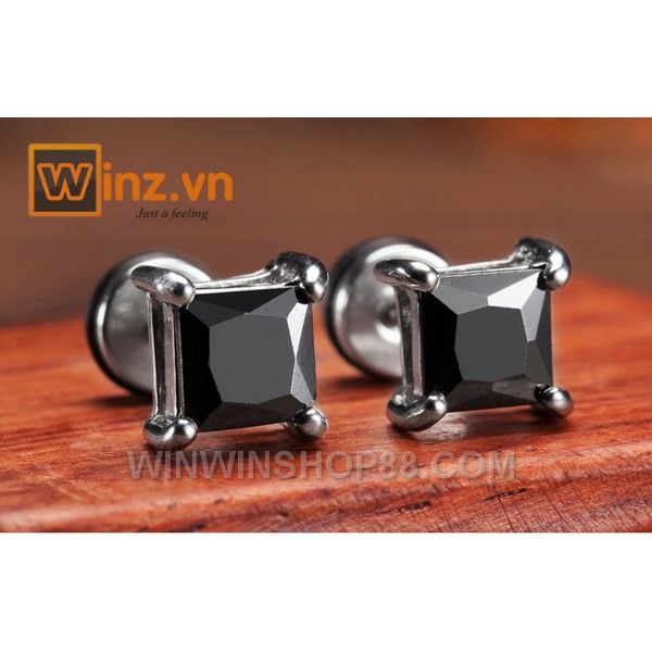 Bông tai nam inox hình vuông đính đá bông tai hàn quốc cao cấp BT225