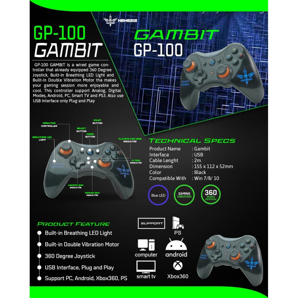 Tay Cầm Chơi Game Nyk Gp100 Gambit Nemesis Có Dây Cho Pc Android Xbox360 Playstation