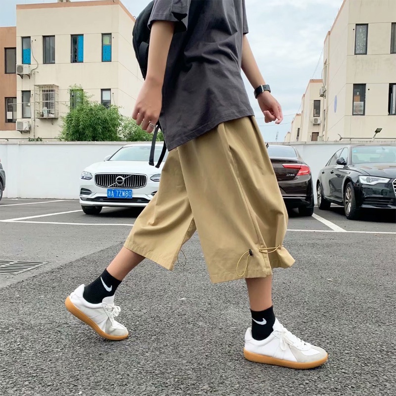 Khaki Male Wide Leg Cargo Pants Fashion Retro Cropped Box Pants for Men Korean Style Multi-pocket Hip Hop Streetwear