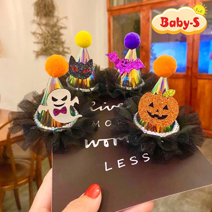 Kẹp tóc Halloween có đèn chớp nháy hình nón phù thủy cá tính phối voan họa tiết ma quái hottrend Baby-S – SHLW001