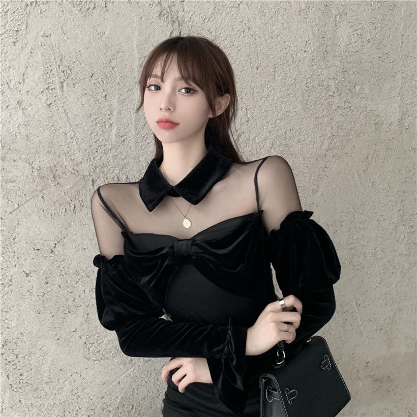 Đầm Nhung Phối Lưới Quyến Rũ Thời Trang Mùa Xuân Cho Nữ