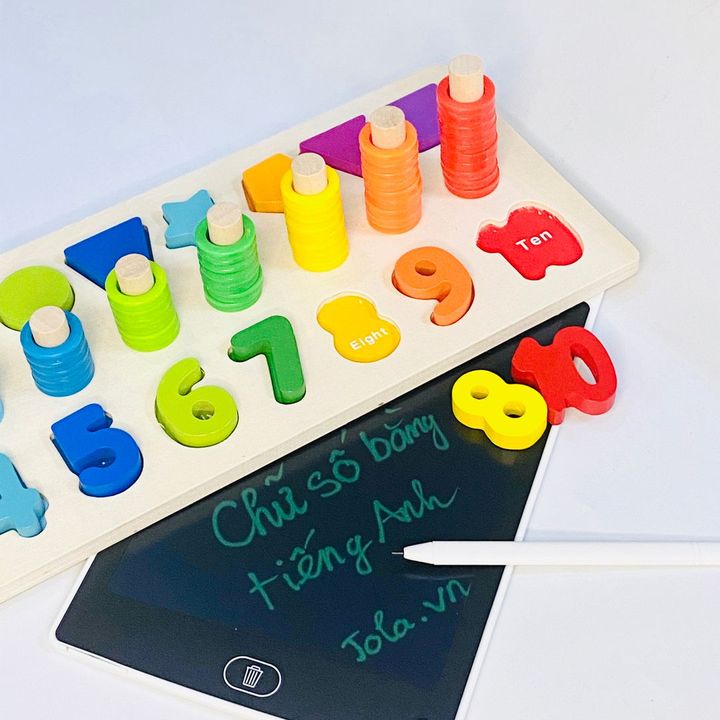 Bộ đồ chơi học tập bảng gỗ Montessori 3 dòng hình khối và chữ số dành cho bé