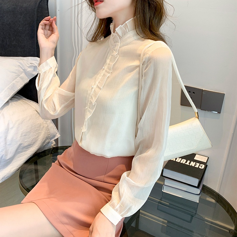 Mới Áo sơ mi nữ tay dài họa tiết quả mơ phong cách Hàn Quốc