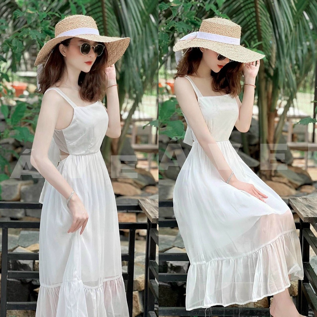 Đầm maxi đi biển hở lưng 2 dây cột nơ dáng xòe ChemMix siêu xinh cho nàng đi biển, dạo phố