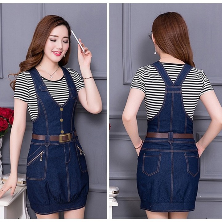 Đầm Yếm Jean Nữ Bo Thun Lai Thời Trang