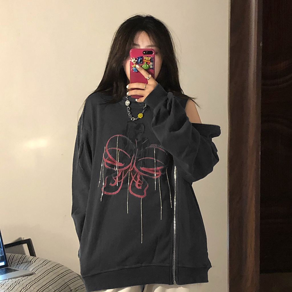 Áo hoodie mỏng có nón trùm tay dài phối khóa kéo tua rua kim cương giả in hình mới cho nữ