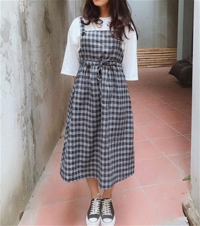 SET YẾM VÁY KẺ CARO + ÁO COTON