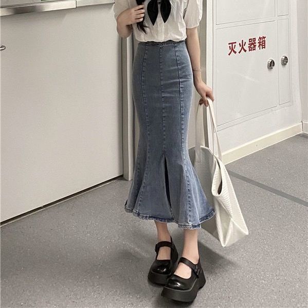 Jiashucheng Chân Váy Denim Đuôi Cá Lưng Cao Co Giãn Xẻ Tà Phong Cách Mới