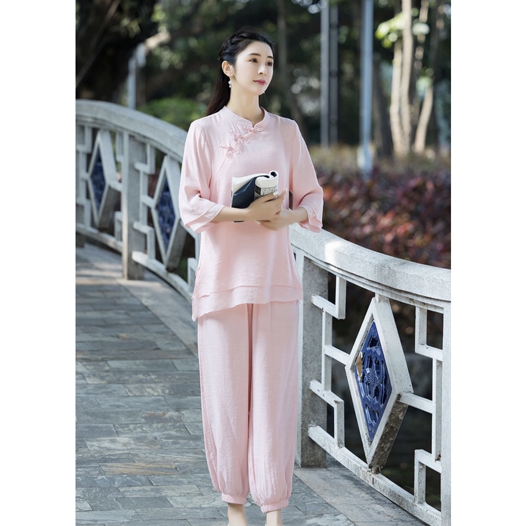 Quần áo thiền định, đồ lam đi lễ chùa bộ nữ cổ tàu ống bo vải đũi mềm 2 lớp Thiền Chay