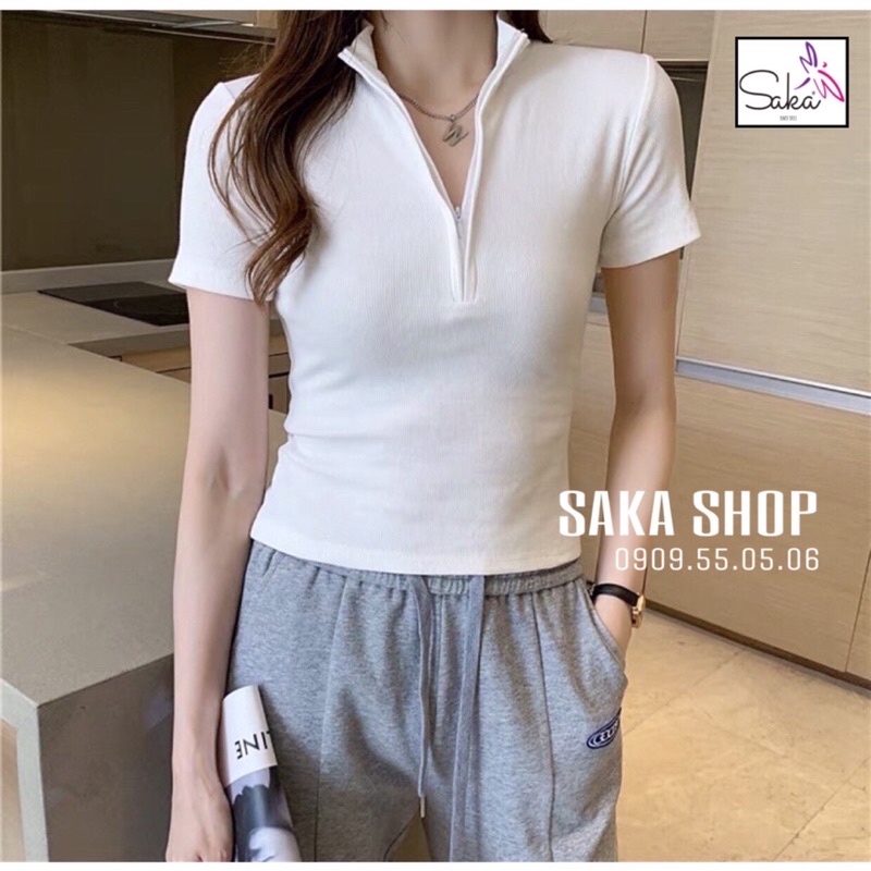 Áo croptop thun nữ dây kéo cổ sơ mi 3 màu thời trang trắng xám đen