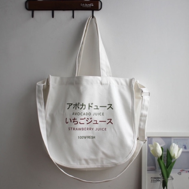 Túi vải túi tote canvas đeo chéo chữ tiếng nhật ( ảnh thật )
