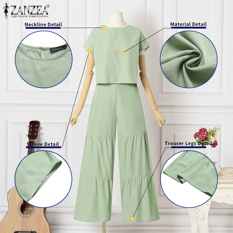 Set đồ 2 món ZANZEA gồm áo thun tay ngắn cổ tròn dáng rộng + quần lưng thun ống rộng cho nữ