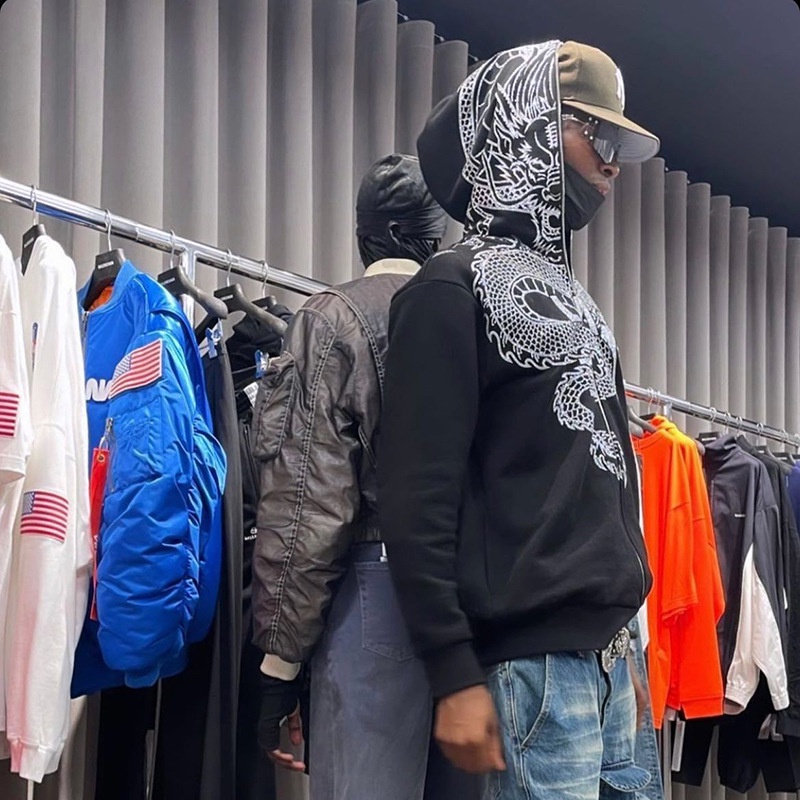 Áo khoác hoodie MMIOT Y2K tay dài phối khóa zip đính đá in họa tiết rồng phong cách hip hop thể thao