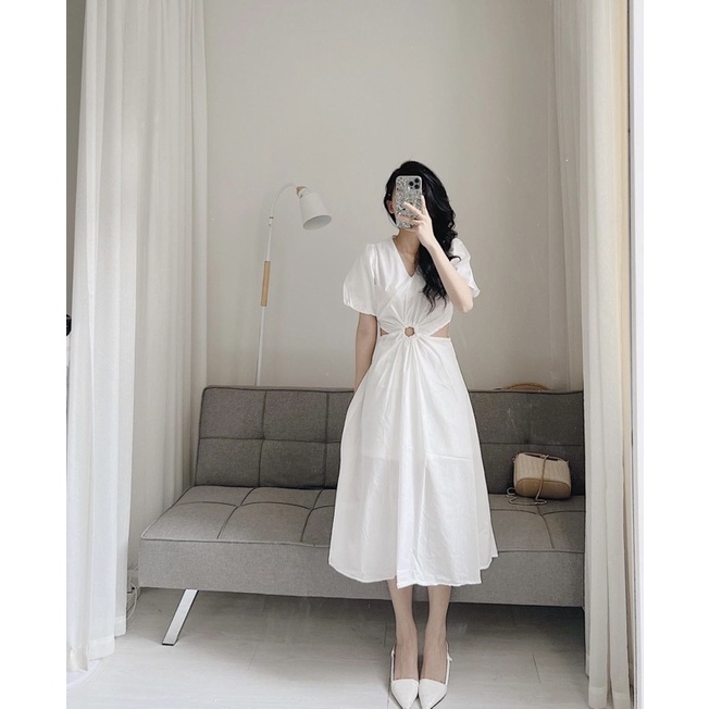 Váy maxi tay bồng khoét eo dáng dài