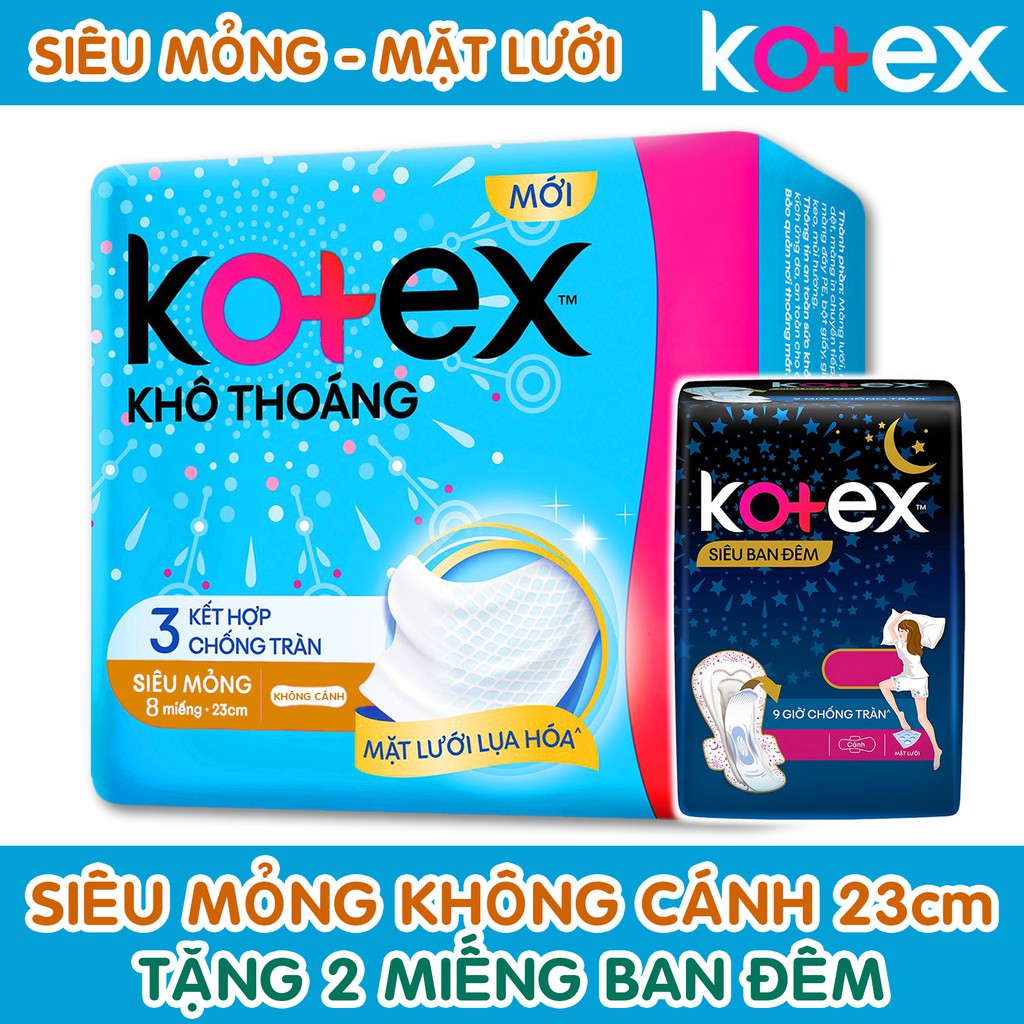 Băng Vệ Sinh Kotex Siêu Mỏng Không Cánh Khô Thoáng 23cm Tặng 2 Miếng Ban Đêm ( 1 Gói 8 Miếng - 1 Lốc 8 Gói )