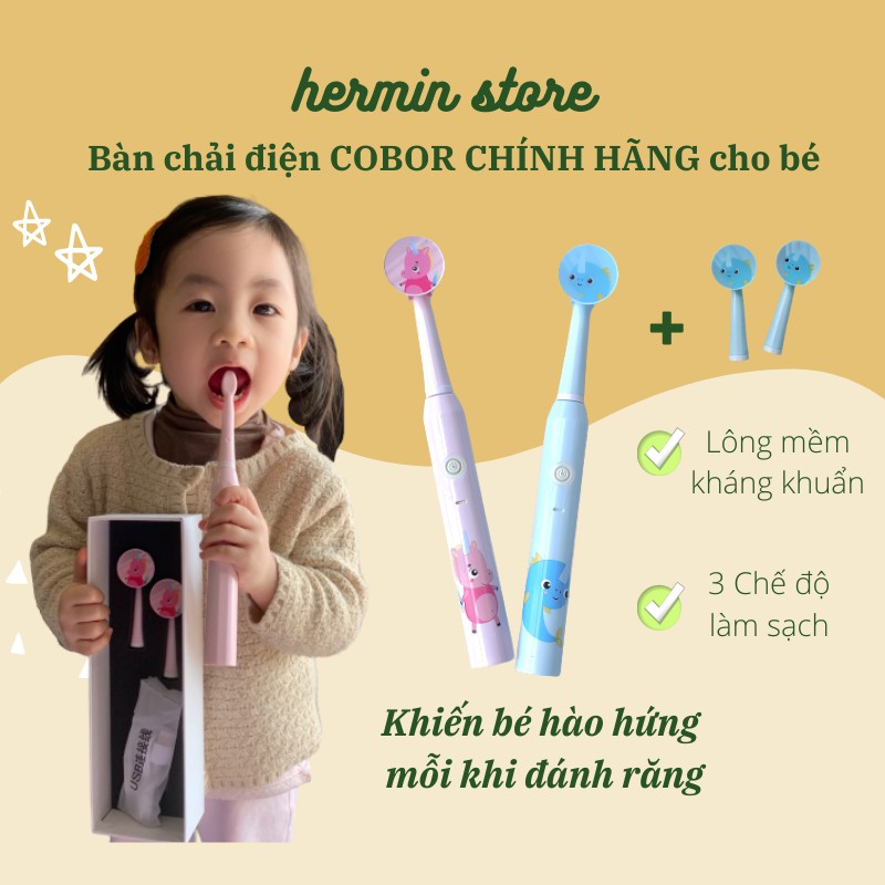 (Chính hãng) Bàn chải đánh răng cho bé - bàn chải điện COBOR tặng kèm 2 đầu thay thế