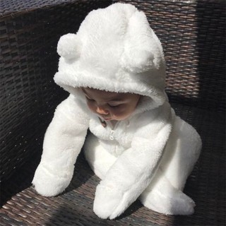 Bộ áo liền quần có mũ tai thỏ chất lông ấm áp cho trẻ sơ sinh