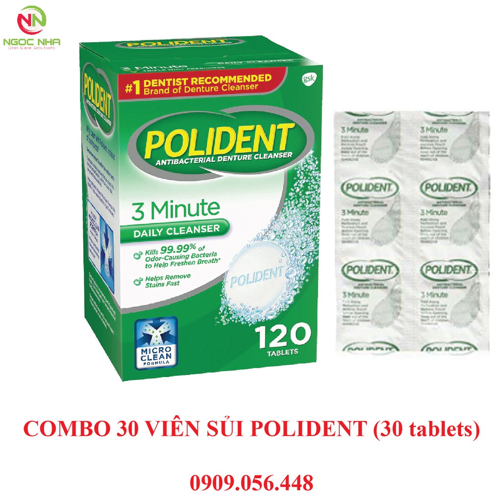 ▽Combo gói 30 viên sủi ngâm làm sạch và vệ sinh hàm giả răng giả hàm tháo lắp, vệ sinh khay chỉnh nha Polident vị bạc hà