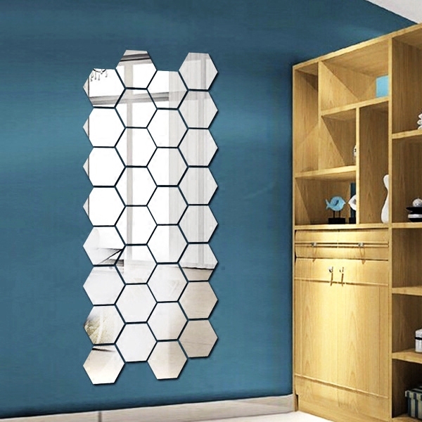 Gói 12 miếng nhãn dán tường hình lục giác tráng gương độc đáo