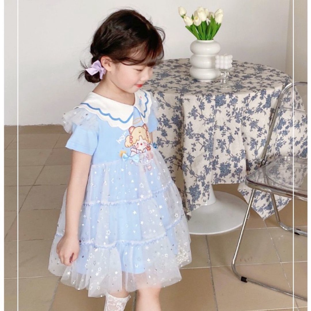 Đầm Công Chúa Tay Ngắn Phối Lưới In Hoạt Hình Kiểu Hàn Quốc Thời Trang Mùa Hè Cho Bé Gái