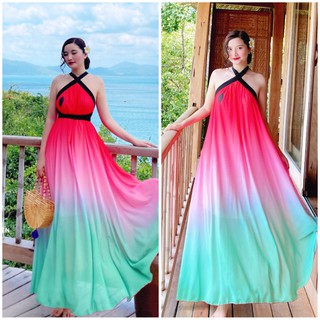 🔴 Đầm Maxi cổ yếm hồng - xanh viền dây đen hở lưng đi biển du lịch siêu xinh