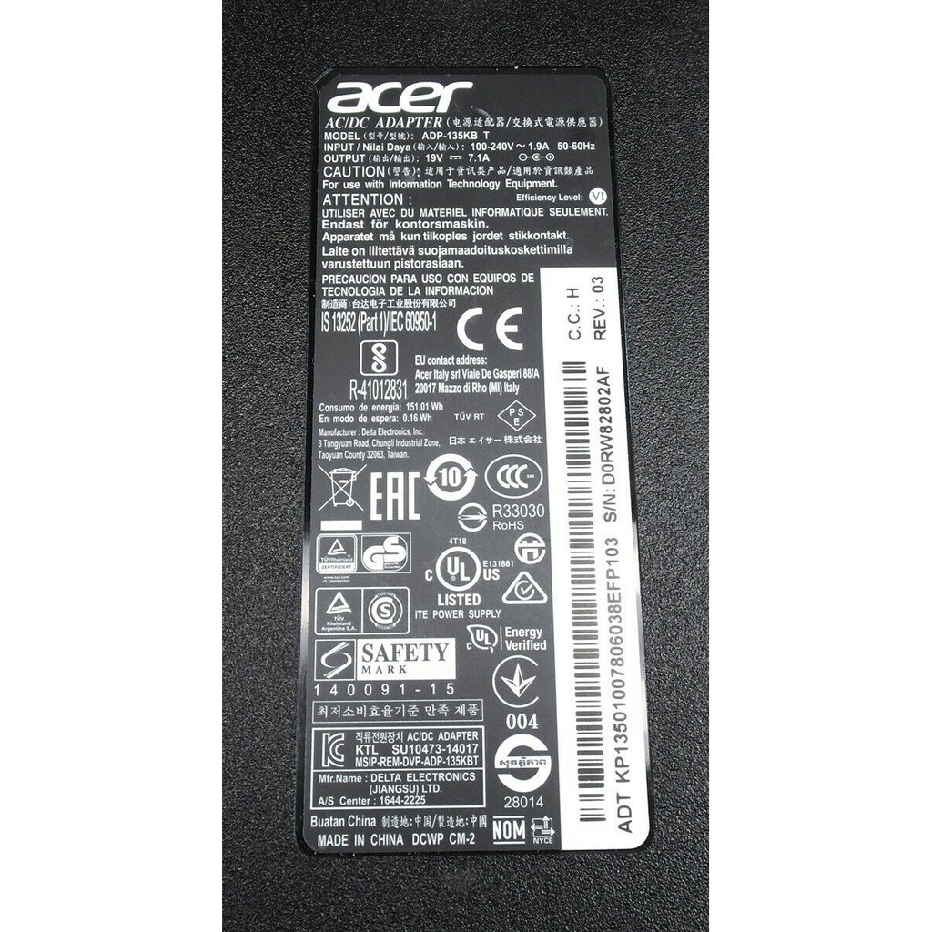 Sạc Laptop Acer Nitro 5 AN515-51, Acer Aspire V3-772G 19.5V 7.1A 135W Hàng Nhập Khẩu Bảo Hành toàn quốc
