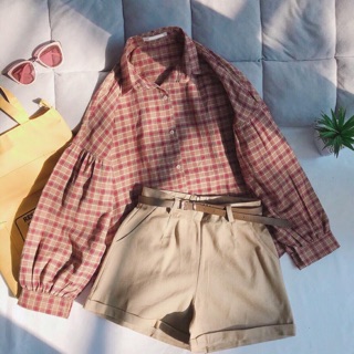 Áo sơ mi oversize caro tay phồng