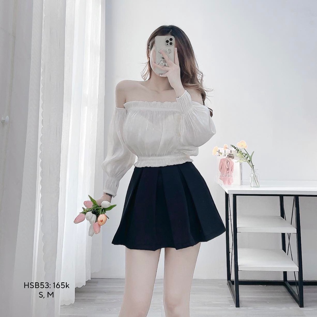 Set áo organza trễ vai phối chân váy xếp ly xòe CHIBEST HSB53