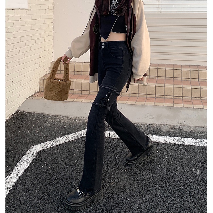 Đen Quần jeans Nữ Lưng Cao Ống Loe