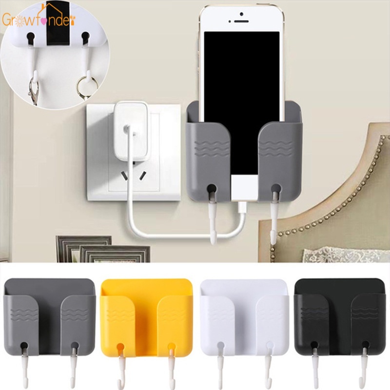 Hộp đựng điều khiển từ xa điện thoại hỗ trợ sạc dán tường tự dính có 2 móc treo tiện lợi