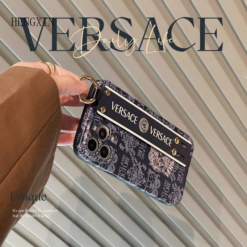 Trendy Versace Wrist Strap Holder Case for iPhone 1514 11 12 13 Pro Max Shockproof Silicone Protective Case