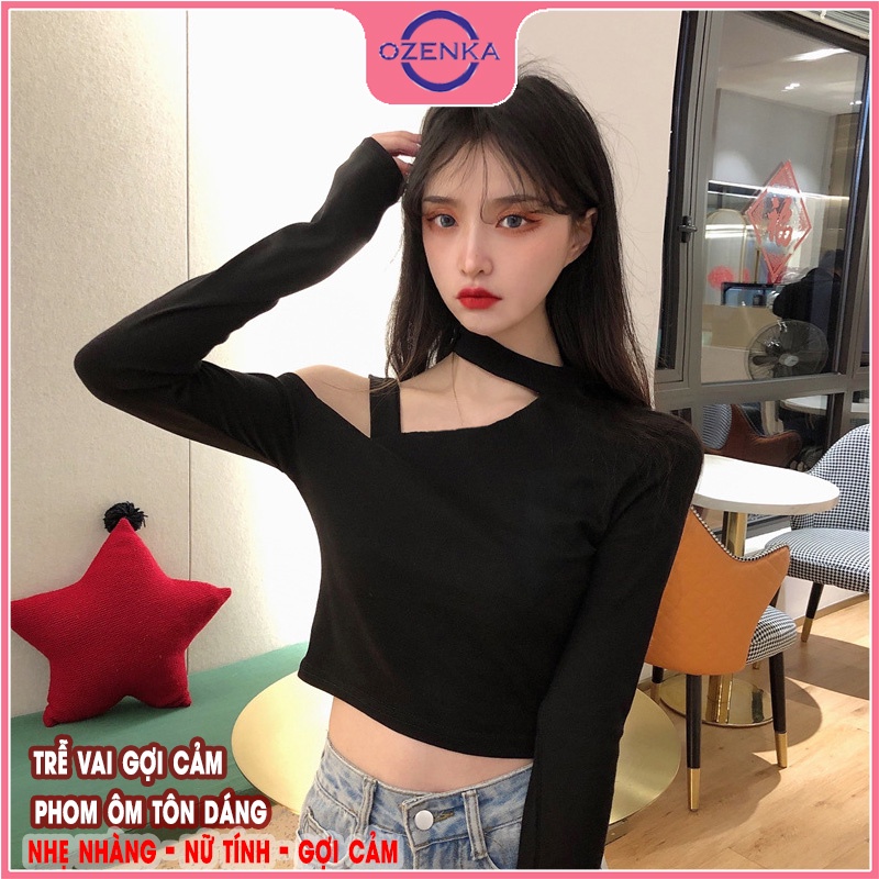 Áo croptop trễ vai tay dài ôm nữ OZENKA, crt đẹp sang chảnh thời trang màu đen trắng thun gân 100% cotton dưới 55kg