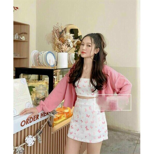 Set váy áo croptop đi chơi, set chân váy hoa áo ống 2 dây đi dự tiệc phong cách cá tính phối khoác tay dài
