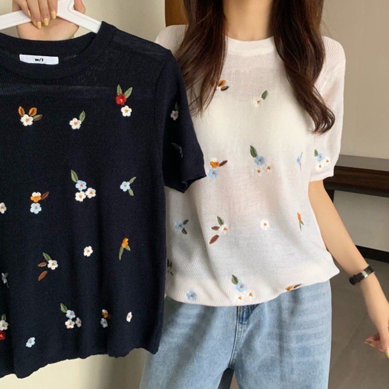 Áo ZHELIHANGFEI dệt kim tay ngắn cổ tròn thêu hoa nhỏ dễ thương thời trang cho nữ