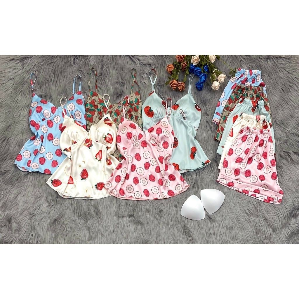 Đồ Ngủ 2 Dây Quần Cộc  Mặc Nhà Lụa Satin Cao Cấp Đủ Size Dưới 60Kg - Đồ Ngủ Sexy Có Kèm Mút Ngực | Hân Fashion