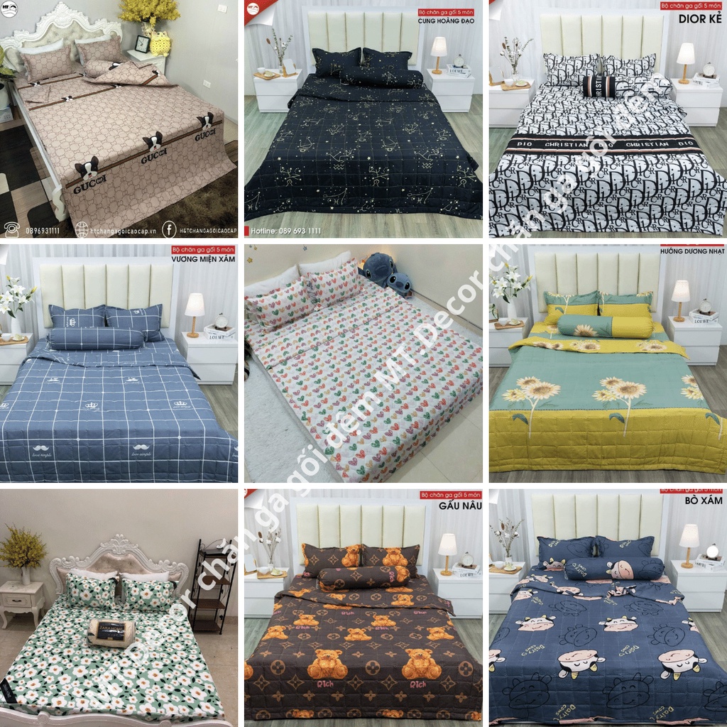Bộ chăn ga gối 5 món Poly Cotton phong cách Hàn Quốc, chăn hè chân bông ga gối đủ kích thước 1m6 1m8 2m2 - MT.Decor