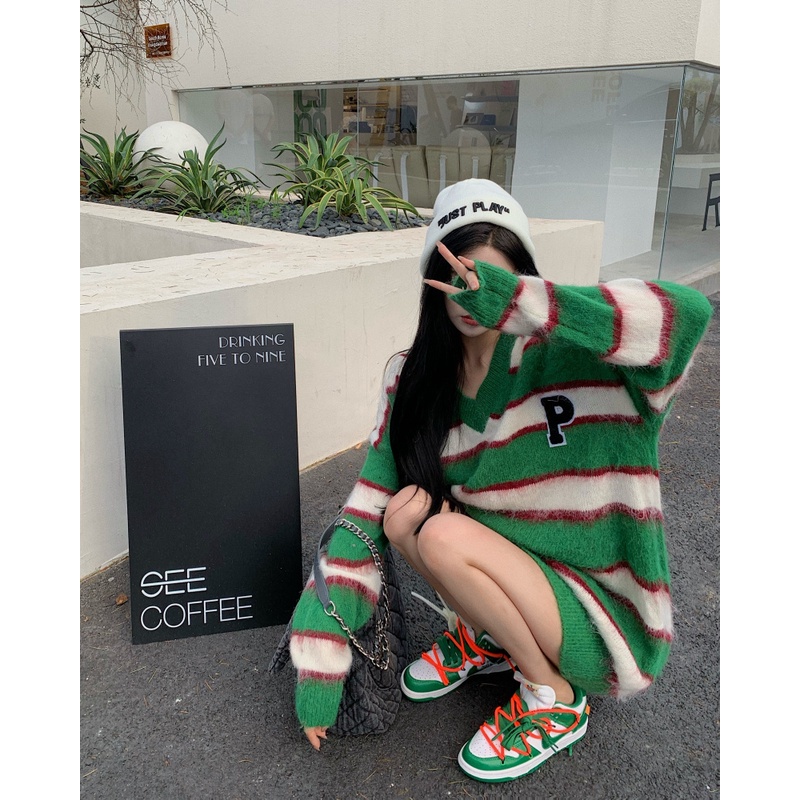 QKOOLE  Áo len dài tay cổ chữ V phong cách Hàn Quốc thời trang cho nữ