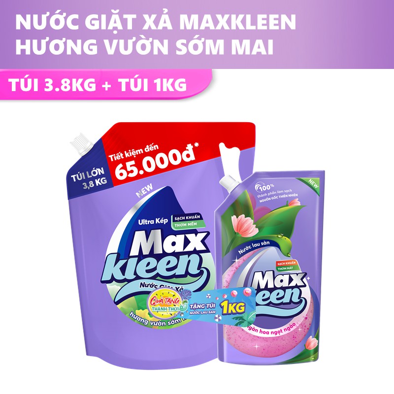 Combo Túi nước giặt xả MaxKleen 3.8kg/3.6kg + Túi lau sàn MaxKleen 1kg ngàn hoa ngọt ngào