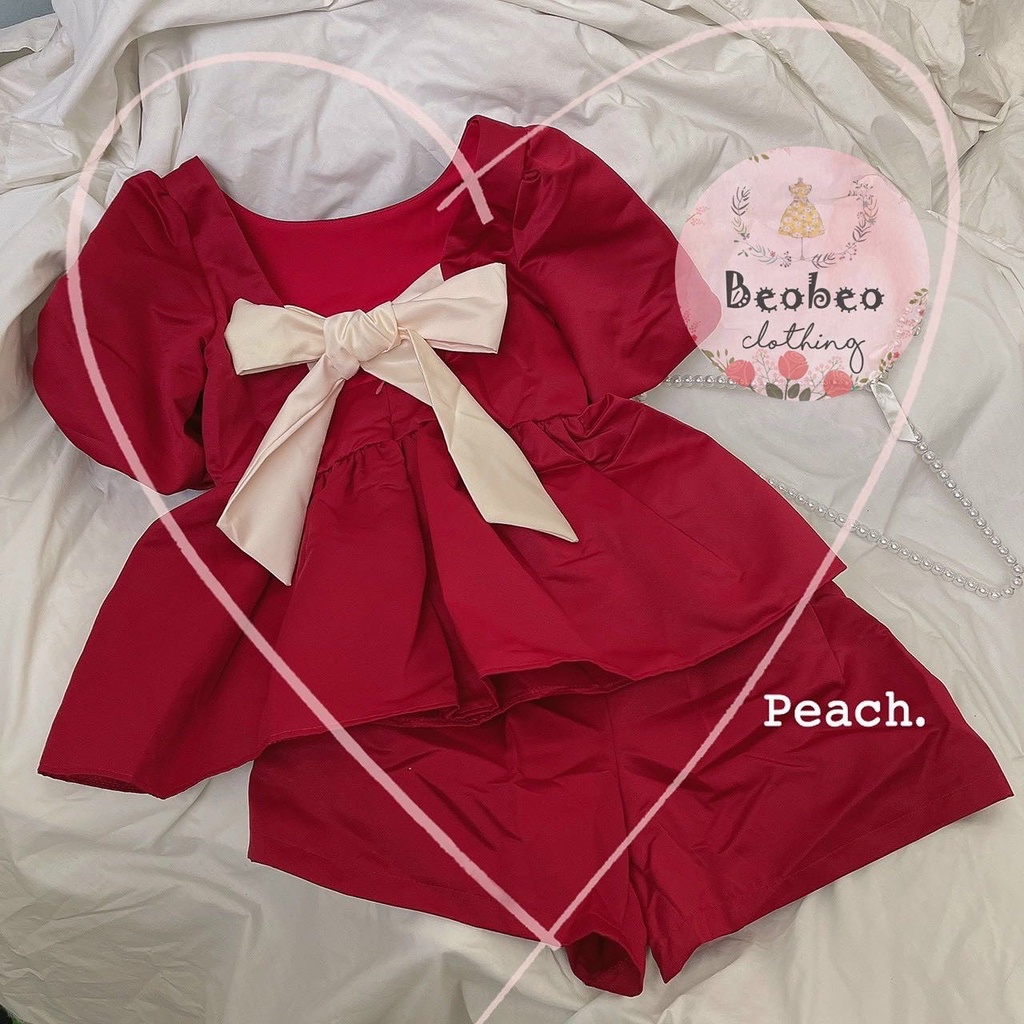Set áo babydoll đỏ tay phồng nơ lưng kèm quần short dễ thương