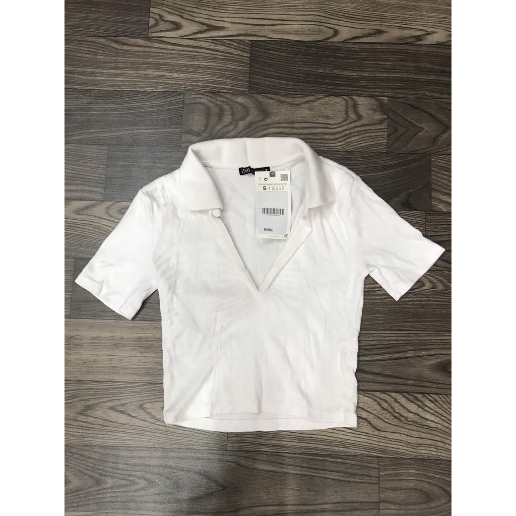 Áo Thun Nữ Zara Ngắn Tay Có cổ Màu Trắng Basic