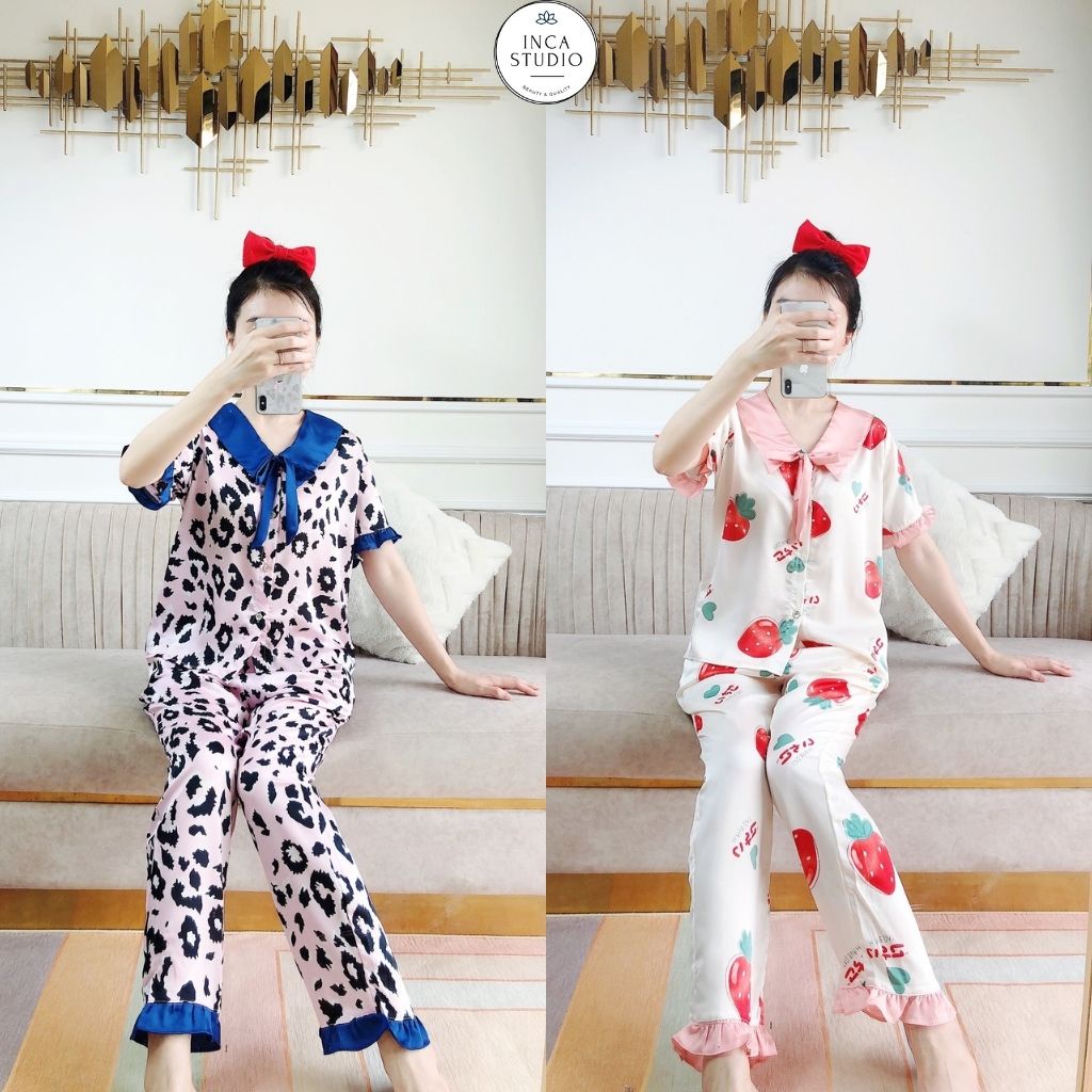 (Xả khoLoại 1-Có Size) Đồ ngủ Pyjama lụa Satin cộc dài họa tiết INCA 14- Chất Lụa thoáng mát, Họa tiết siêu xinh