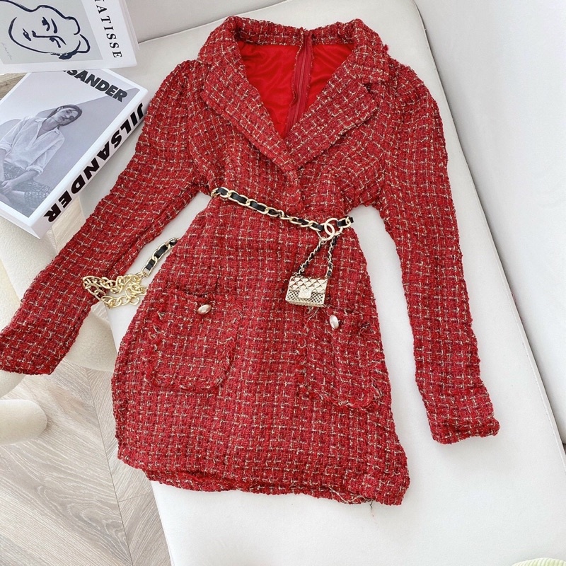 Đầm tweet đỏ dài tay