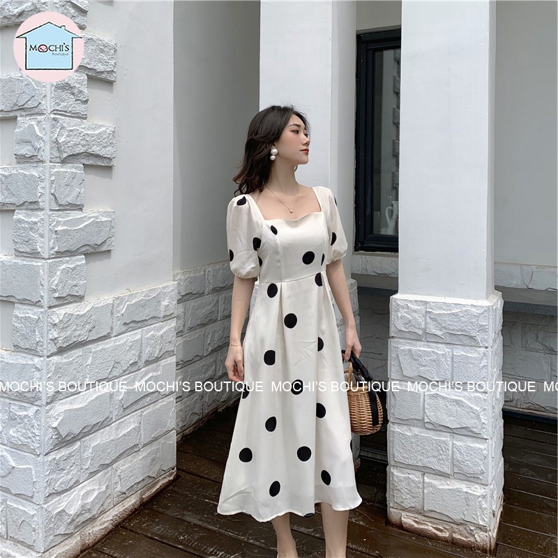 Đầm maxi cổ vuông tay phồng, mẫu maxi dáng dài qua gối họa tiết chấm bi to mới lạ, kiểu dáng đơn giản hiện đại- M064 | BigBuy360 - bigbuy360.vn