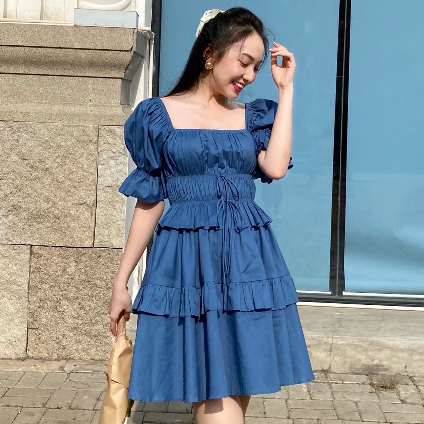 KIOBI – Đầm Artemis form mini ôm ngực, eo nhún thun, tay phồng, tùng xòe lai 2 tầng bèo,vải kate gân xanh - KID2112476XD