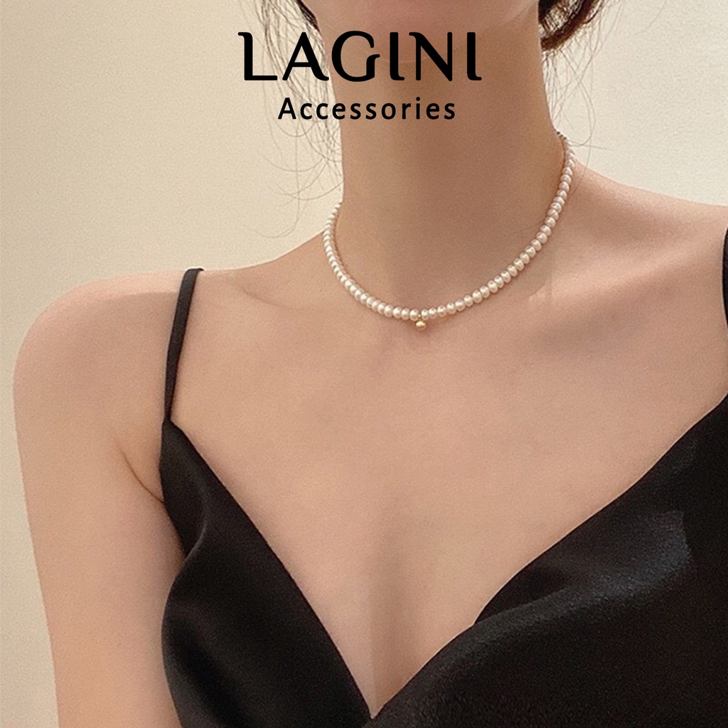 Choker dây chuyền chuỗi ngọc trai gắn chuông vàng Lagini nữ tính thanh lịch phong cách Hàn Quốc phù hợp dự tiệc kỷ yếu