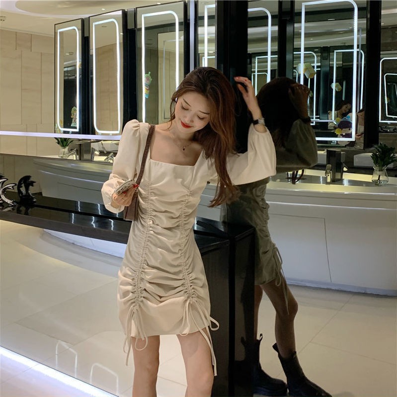 ⭐0412⭐Han Guo Fashion Square neck long sleeve high waist dress