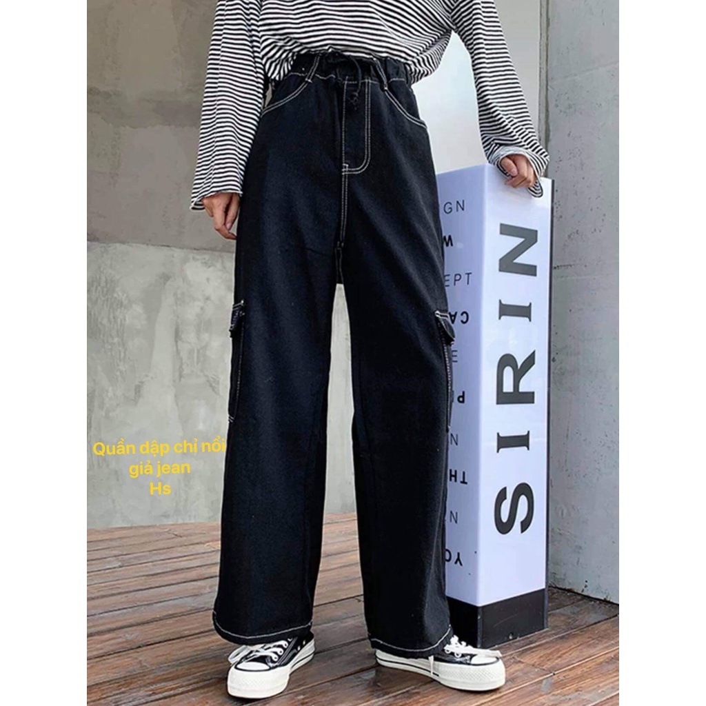 Quần suông gân chỉ giả jean nam nữ ống rộng Unisex 2 túi hộp chất thái chéo có ảnh thật và video M.Store