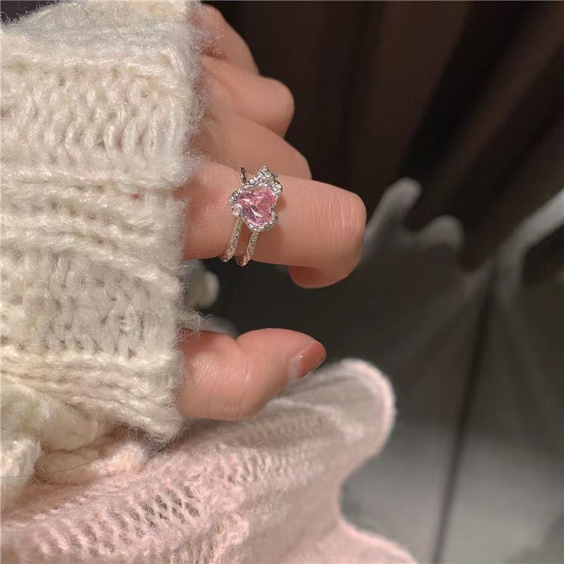 iF YOU Nhẫn   mạ bạc đính kim cương hồng trái tim phong cách Hàn Quốc cổ điển cho nữ