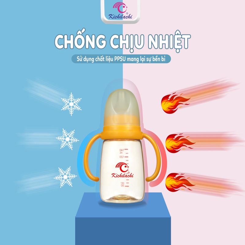 Bình sữa chống sặc, chống đầy hơi cổ hẹp Kichilachi PPSU có quai cầm cho bé - Tặng núm ty
